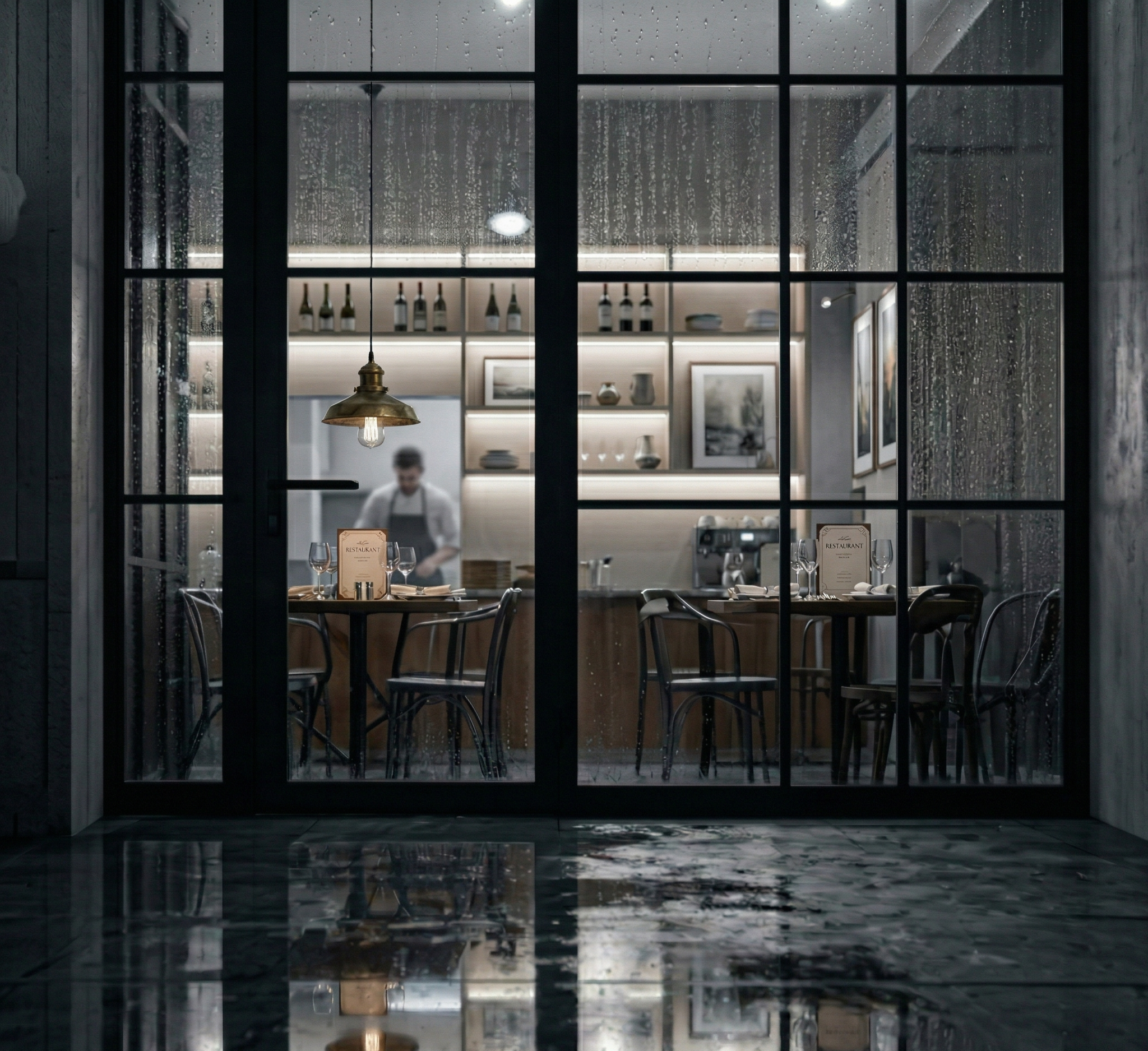 Moody rainy cafe interior